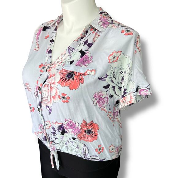Candies Womens Crop Top Collared Button Down Tie Front Short Sleeve Floral Large - Picture 6 of 11